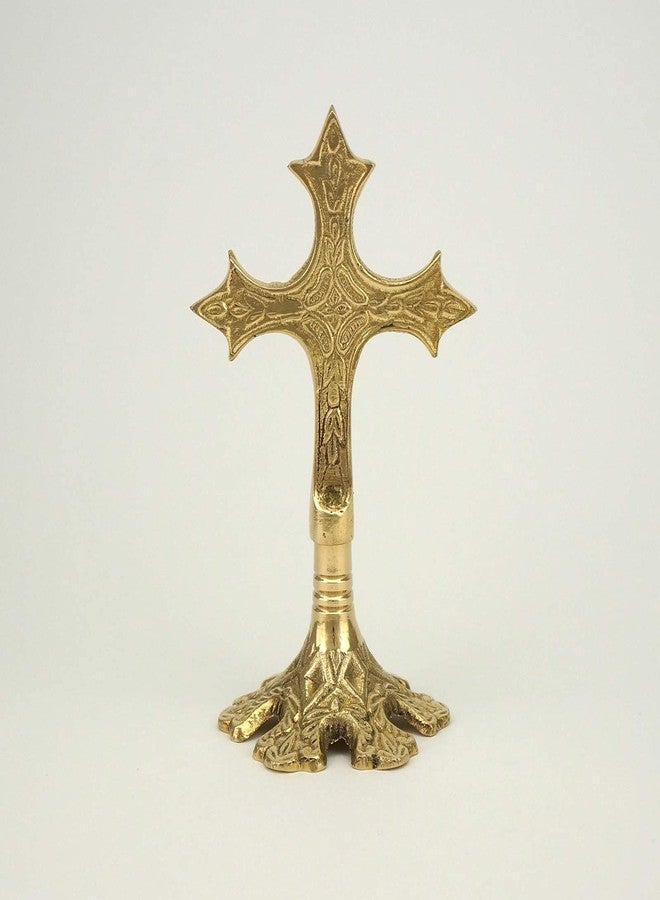 BlessedMart Ornate Brass Standing Cross - Table Altar Blessing Crucifix, Church Liturgical, Home Altar, Prayer Corner, Height 5.11 inch - Image 2